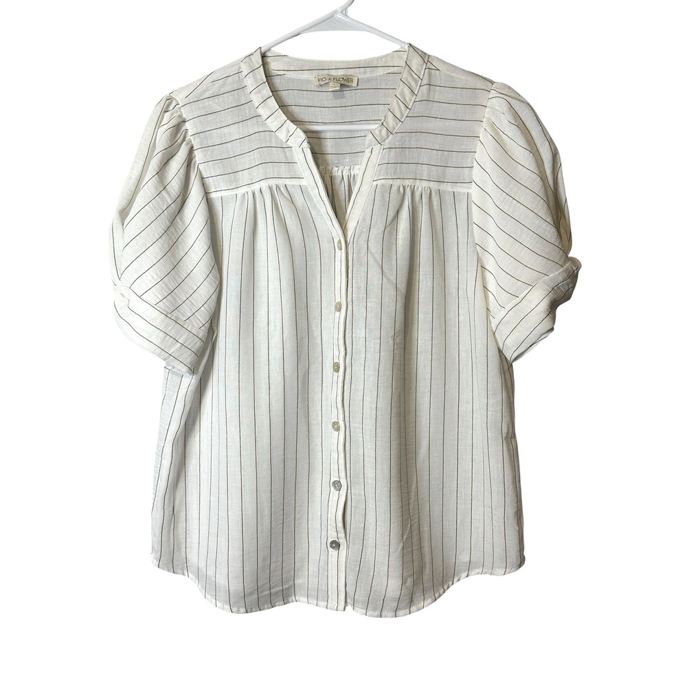 Anthropologie Fig + Flower Striped Boho Peasant Blouse Cottage Coastal Top Large